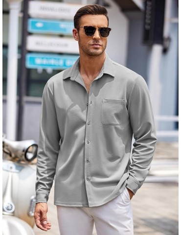 Men'S Plus Size Casual Button-Down Shirts, Long Sleeve, Wrinkle-Free, Polyester, Non-Stretch, Solid Color, Regular Fit, with Woven Fabric for Spring/Fall