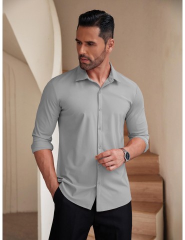 Men's Stretch Wrinkle-Free Long Sleeve Casual Button Down Shirts Muscle Fit Dress Shirts