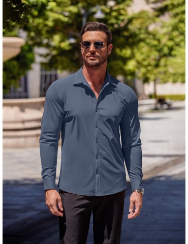 Men's Stretch Wrinkle-Free Long Sleeve Casual Button Down Shirts Muscle Fit Dress Shirts