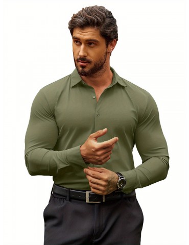 Men's Stretch Wrinkle-Free Long Sleeve Casual Button Down Shirts Muscle Fit Dress Shirts