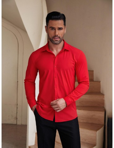 Men's Stretch Wrinkle-Free Long Sleeve Casual Button Down Shirts Muscle Fit Dress Shirts