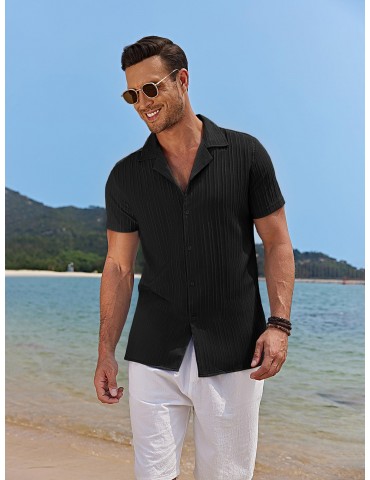 Men'S Plus Size Casual Button-Down Shirts, Polyester & Spandex Blend, Slight Stretch, Solid Color, Short Sleeve, Regular Fit, with Woven Heart Neck Collar for All Seasons