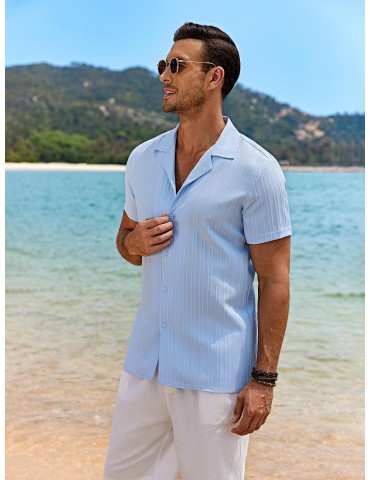 Men'S Plus Size Casual Button-Down Shirts, Polyester & Spandex Blend, Slight Stretch, Solid Color, Short Sleeve, Regular Fit, with Woven Heart Neck Collar for All Seasons