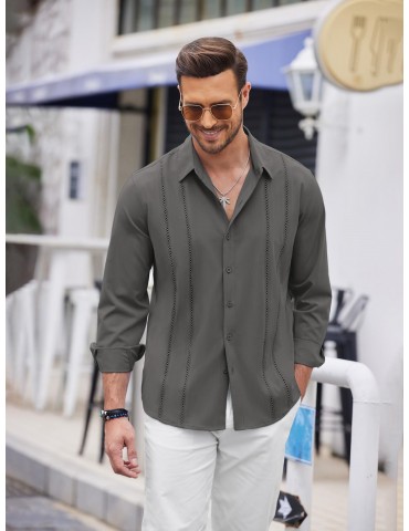 Men'S Cuban Guayabera Long Sleeve Shirt - Casual Woven Linen Beach Shirt, Regular Fit, Button Down, Non-Stretch Polyester Fabric, Solid Color, Appropriate for Adult Men, Spring/Fall Season Essentials, Plus Size