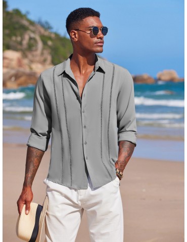 Men'S Cuban Guayabera Long Sleeve Shirt - Casual Woven Linen Beach Shirt, Regular Fit, Button Down, Non-Stretch Polyester Fabric, Solid Color, Appropriate for Adult Men, Spring/Fall Season Essentials, Plus Size