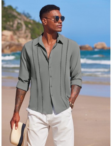 Men'S Cuban Guayabera Long Sleeve Shirt - Casual Woven Linen Beach Shirt, Regular Fit, Button Down, Non-Stretch Polyester Fabric, Solid Color, Appropriate for Adult Men, Spring/Fall Season Essentials, Plus Size