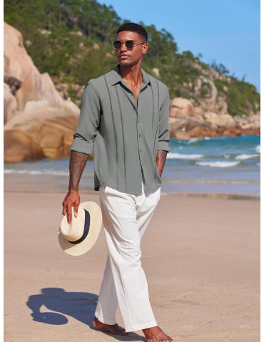 Men'S Cuban Guayabera Long Sleeve Shirt - Casual Woven Linen Beach Shirt, Regular Fit, Button Down, Non-Stretch Polyester Fabric, Solid Color, Appropriate for Adult Men, Spring/Fall Season Essentials, Plus Size