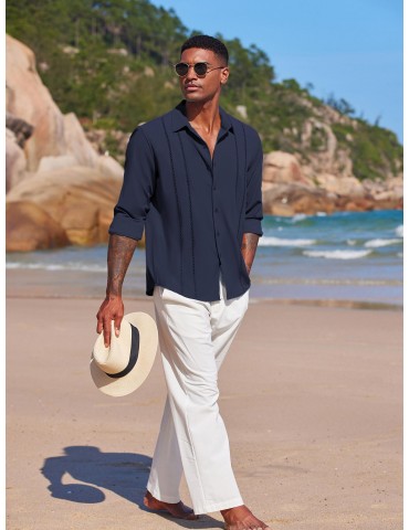 Men'S Cuban Guayabera Long Sleeve Shirt - Casual Woven Linen Beach Shirt, Regular Fit, Button Down, Non-Stretch Polyester Fabric, Solid Color, Appropriate for Adult Men, Spring/Fall Season Essentials, Plus Size