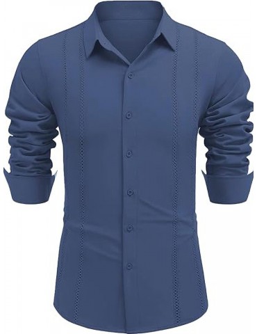 Men'S Cuban Guayabera Long Sleeve Shirt - Casual Woven Linen Beach Shirt, Regular Fit, Button Down, Non-Stretch Polyester Fabric, Solid Color, Appropriate for Adult Men, Spring/Fall Season Essentials, Plus Size