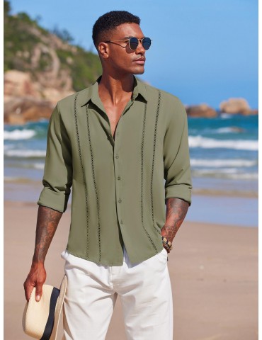 Men'S Cuban Guayabera Long Sleeve Shirt - Casual Woven Linen Beach Shirt, Regular Fit, Button Down, Non-Stretch Polyester Fabric, Solid Color, Appropriate for Adult Men, Spring/Fall Season Essentials, Plus Size