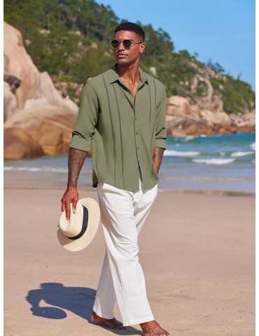 Men'S Cuban Guayabera Long Sleeve Shirt - Casual Woven Linen Beach Shirt, Regular Fit, Button Down, Non-Stretch Polyester Fabric, Solid Color, Appropriate for Adult Men, Spring/Fall Season Essentials, Plus Size