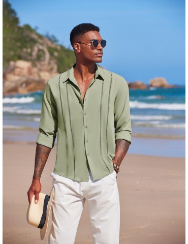 Men'S Cuban Guayabera Long Sleeve Shirt - Casual Woven Linen Beach Shirt, Regular Fit, Button Down, Non-Stretch Polyester Fabric, Solid Color, Appropriate for Adult Men, Spring/Fall Season Essentials, Plus Size