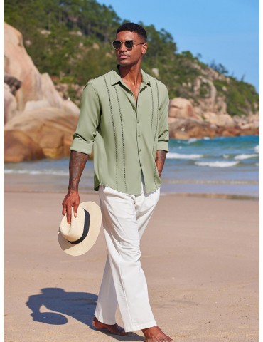 Men'S Cuban Guayabera Long Sleeve Shirt - Casual Woven Linen Beach Shirt, Regular Fit, Button Down, Non-Stretch Polyester Fabric, Solid Color, Appropriate for Adult Men, Spring/Fall Season Essentials, Plus Size