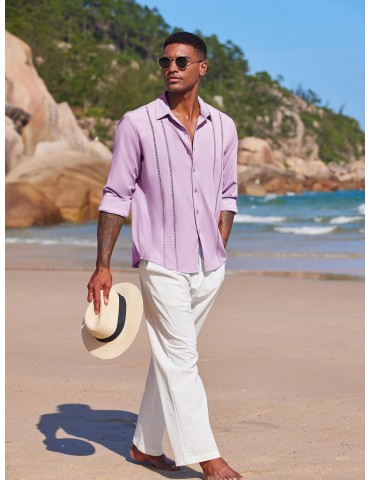 Men'S Cuban Guayabera Long Sleeve Shirt - Casual Woven Linen Beach Shirt, Regular Fit, Button Down, Non-Stretch Polyester Fabric, Solid Color, Appropriate for Adult Men, Spring/Fall Season Essentials, Plus Size