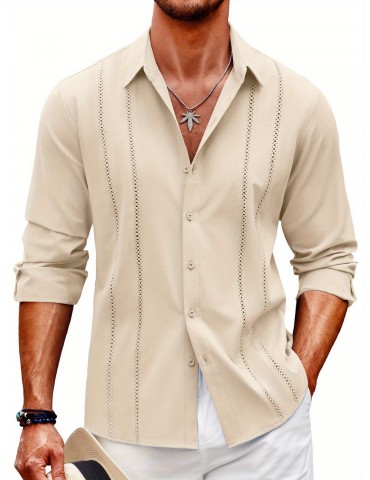 Men'S Cuban Guayabera Long Sleeve Shirt - Casual Woven Linen Beach Shirt, Regular Fit, Button Down, Non-Stretch Polyester Fabric, Solid Color, Appropriate for Adult Men, Spring/Fall Season Essentials, Plus Size