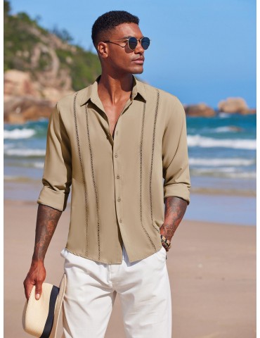 Men'S Cuban Guayabera Long Sleeve Shirt - Casual Woven Linen Beach Shirt, Regular Fit, Button Down, Non-Stretch Polyester Fabric, Solid Color, Appropriate for Adult Men, Spring/Fall Season Essentials, Plus Size