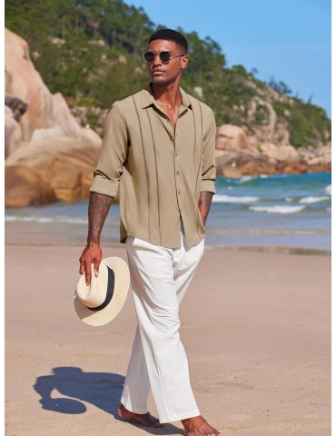 Men'S Cuban Guayabera Long Sleeve Shirt - Casual Woven Linen Beach Shirt, Regular Fit, Button Down, Non-Stretch Polyester Fabric, Solid Color, Appropriate for Adult Men, Spring/Fall Season Essentials, Plus Size