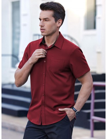 Men's Casual Button Down Shirts Stretch Short Sleeve Business Dress Shirt with Pocket