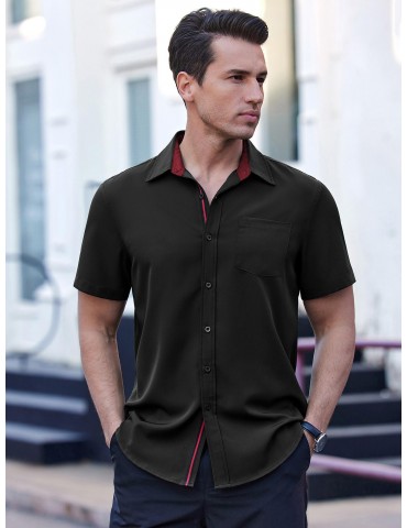 Men's Casual Button Down Shirts Stretch Short Sleeve Business Dress Shirt with Pocket