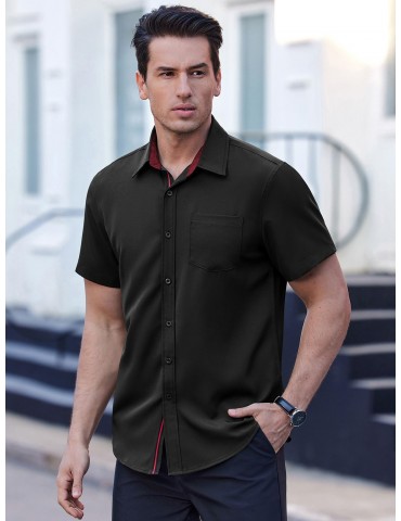 Men's Casual Button Down Shirts Stretch Short Sleeve Business Dress Shirt with Pocket