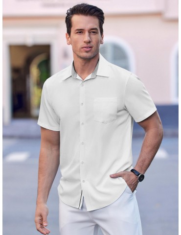 Men's Casual Button Down Shirts Stretch Short Sleeve Business Dress Shirt with Pocket