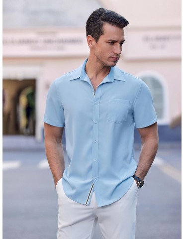 Men's Casual Button Down Shirts Stretch Short Sleeve Business Dress Shirt with Pocket