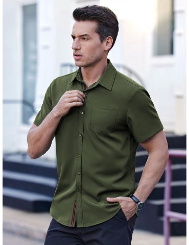 Men's Casual Button Down Shirts Stretch Short Sleeve Business Dress Shirt with Pocket