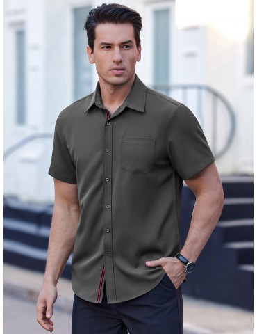 Men's Casual Button Down Shirts Stretch Short Sleeve Business Dress Shirt with Pocket