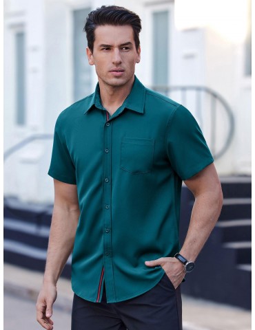 Men's Casual Button Down Shirts Stretch Short Sleeve Business Dress Shirt with Pocket