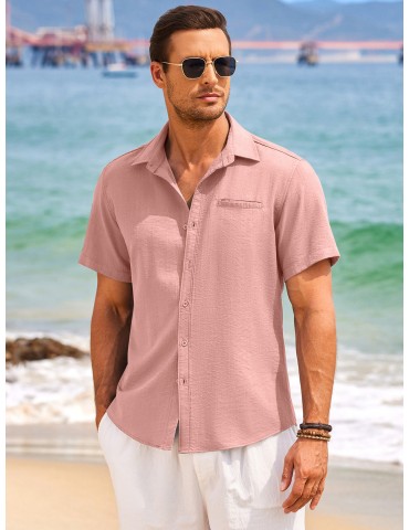 1pc Men'S Casual Linen Blend Short Sleeve Shirt - Summer Beach Button Down with Regular Fit, Solid Color, Basic Style, Suitable for All Seasons, Plus Size