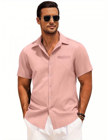 1pc Men'S Casual Linen Blend Short Sleeve Shirt - Summer Beach Button Down with Regular Fit, Solid Color, Basic Style, Suitable for All Seasons, Plus Size