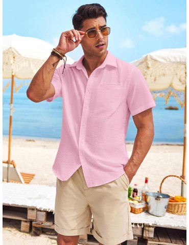 1pc Men'S Casual Linen Blend Short Sleeve Shirt - Summer Beach Button Down with Regular Fit, Solid Color, Basic Style, Suitable for All Seasons, Plus Size