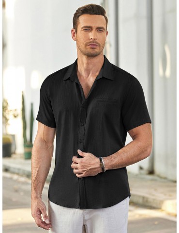 1pc Men'S Casual Linen Blend Short Sleeve Shirt - Summer Beach Button Down with Regular Fit, Solid Color, Basic Style, Suitable for All Seasons, Plus Size