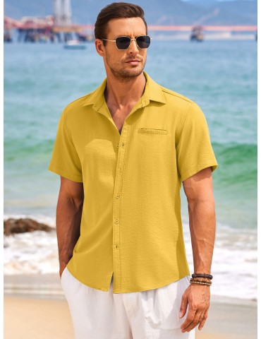 1pc Men'S Casual Linen Blend Short Sleeve Shirt - Summer Beach Button Down with Regular Fit, Solid Color, Basic Style, Suitable for All Seasons, Plus Size