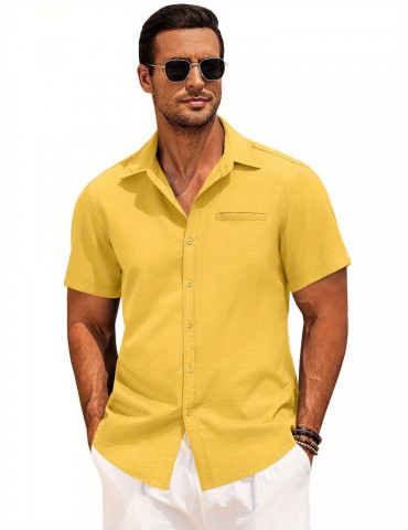 1pc Men'S Casual Linen Blend Short Sleeve Shirt - Summer Beach Button Down with Regular Fit, Solid Color, Basic Style, Suitable for All Seasons, Plus Size