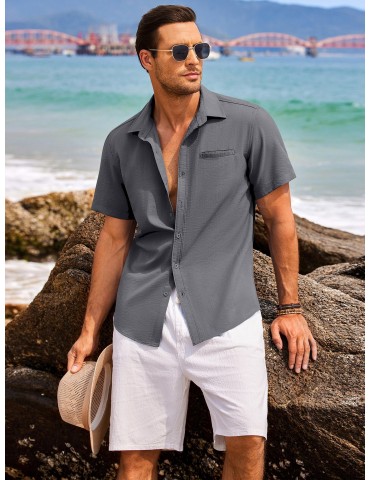 1pc Men'S Casual Linen Blend Short Sleeve Shirt - Summer Beach Button Down with Regular Fit, Solid Color, Basic Style, Suitable for All Seasons, Plus Size