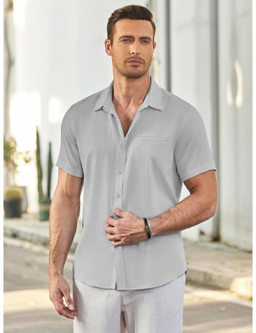 1pc Men'S Casual Linen Blend Short Sleeve Shirt - Summer Beach Button Down with Regular Fit, Solid Color, Basic Style, Suitable for All Seasons, Plus Size