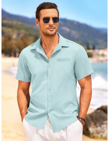 1pc Men'S Casual Linen Blend Short Sleeve Shirt - Summer Beach Button Down with Regular Fit, Solid Color, Basic Style, Suitable for All Seasons, Plus Size