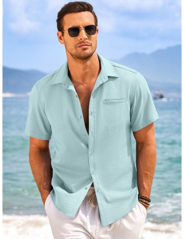 1pc Men'S Casual Linen Blend Short Sleeve Shirt - Summer Beach Button Down with Regular Fit, Solid Color, Basic Style, Suitable for All Seasons, Plus Size