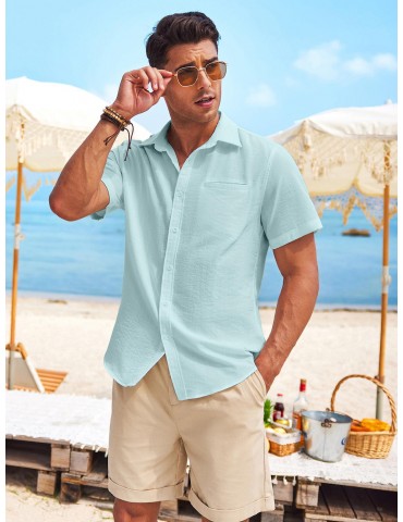 1pc Men'S Casual Linen Blend Short Sleeve Shirt - Summer Beach Button Down with Regular Fit, Solid Color, Basic Style, Suitable for All Seasons, Plus Size