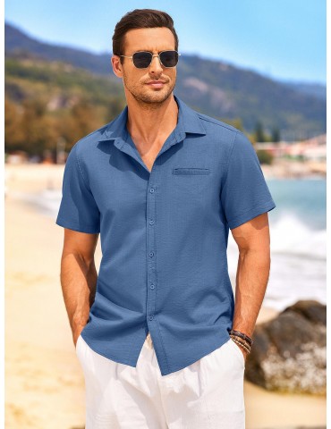 1pc Men'S Casual Linen Blend Short Sleeve Shirt - Summer Beach Button Down with Regular Fit, Solid Color, Basic Style, Suitable for All Seasons, Plus Size