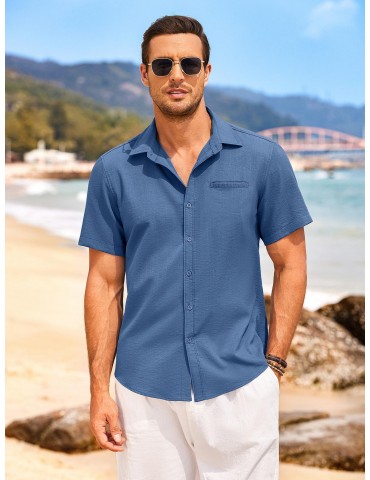 1pc Men'S Casual Linen Blend Short Sleeve Shirt - Summer Beach Button Down with Regular Fit, Solid Color, Basic Style, Suitable for All Seasons, Plus Size