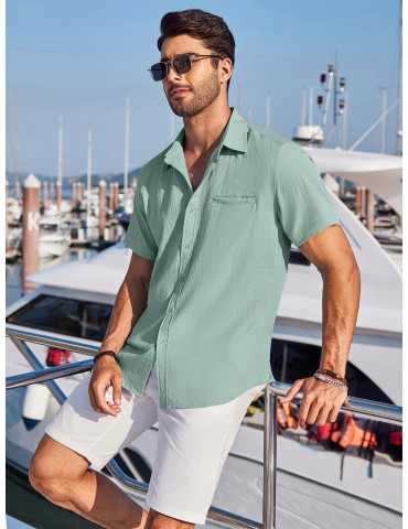 1pc Men'S Casual Linen Blend Short Sleeve Shirt - Summer Beach Button Down with Regular Fit, Solid Color, Basic Style, Suitable for All Seasons, Plus Size