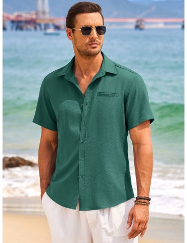 1pc Men'S Casual Linen Blend Short Sleeve Shirt - Summer Beach Button Down with Regular Fit, Solid Color, Basic Style, Suitable for All Seasons, Plus Size