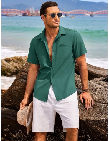 1pc Men'S Casual Linen Blend Short Sleeve Shirt - Summer Beach Button Down with Regular Fit, Solid Color, Basic Style, Suitable for All Seasons, Plus Size