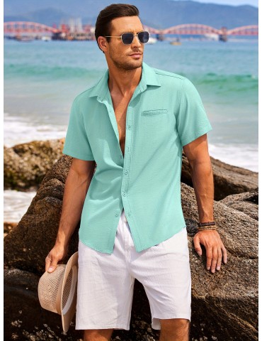 1pc Men'S Casual Linen Blend Short Sleeve Shirt - Summer Beach Button Down with Regular Fit, Solid Color, Basic Style, Suitable for All Seasons, Plus Size