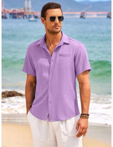 1pc Men'S Casual Linen Blend Short Sleeve Shirt - Summer Beach Button Down with Regular Fit, Solid Color, Basic Style, Suitable for All Seasons, Plus Size