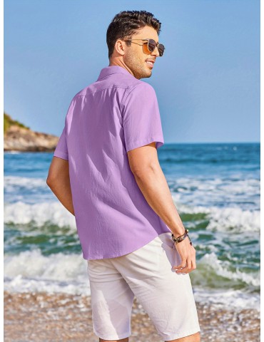 1pc Men'S Casual Linen Blend Short Sleeve Shirt - Summer Beach Button Down with Regular Fit, Solid Color, Basic Style, Suitable for All Seasons, Plus Size