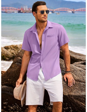 1pc Men'S Casual Linen Blend Short Sleeve Shirt - Summer Beach Button Down with Regular Fit, Solid Color, Basic Style, Suitable for All Seasons, Plus Size