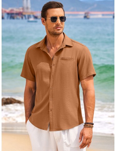 1pc Men'S Casual Linen Blend Short Sleeve Shirt - Summer Beach Button Down with Regular Fit, Solid Color, Basic Style, Suitable for All Seasons, Plus Size